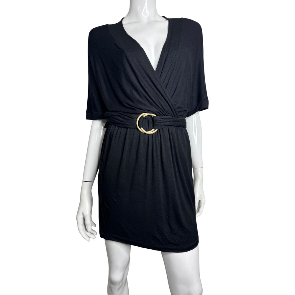 Buffalo David Bitton Black Wrap Mini Dress Gold O-Ring Buckle V-Neck L